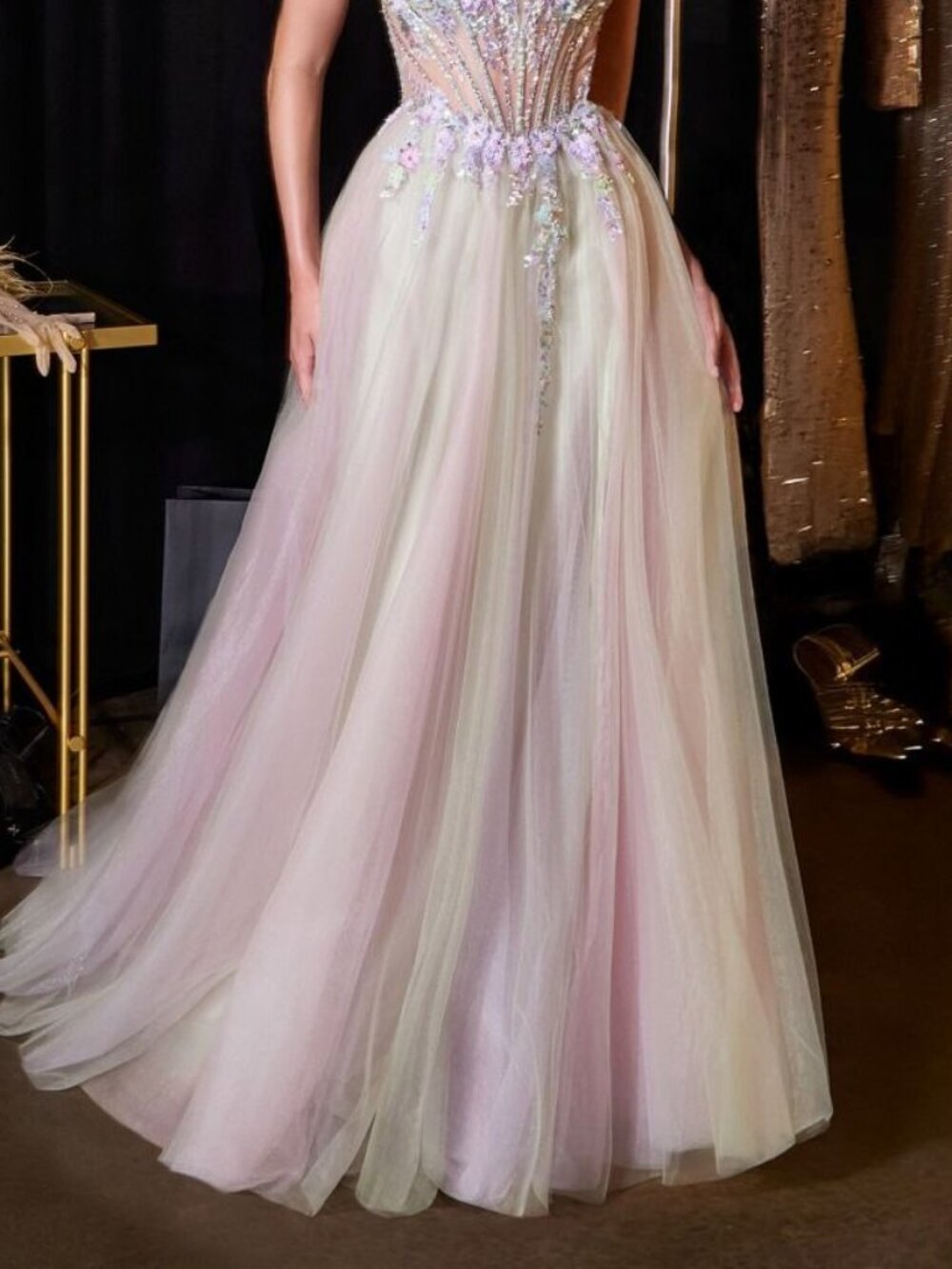 New Formal Floral Sage Dress w/ Beaded Corset Bodice & Sweetheart Neck CD2418 - Picture 7 of 7